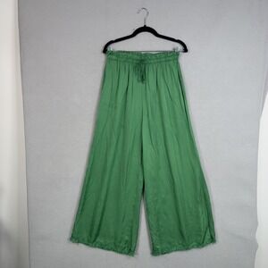 Venti6 Pants Womens Medium Green Silk Viscose Wide Leg Paperbag Italy Fringe